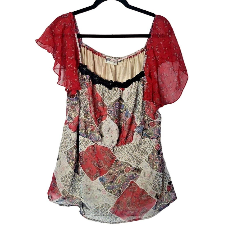 VTG Faded Glory Y2K Patchwork Flutter Sleeve Boho Cottagecore Prairie Top Sze 1x